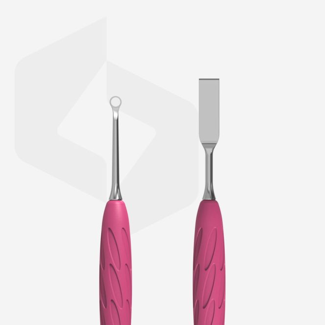 Two dental instruments with pink handles, one with a small round-ended tip and the other a flat blade.