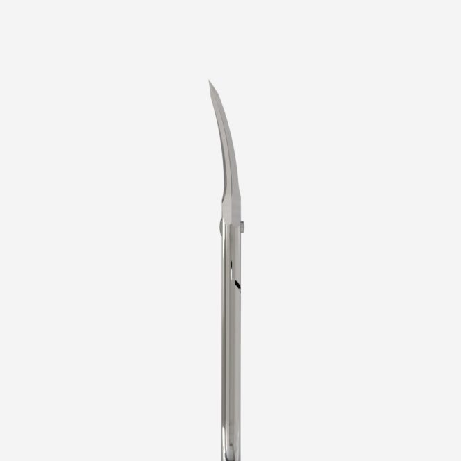 Side view of a silver folding knife with a curved blade extended from the handle in the upright position, shown against a light background.