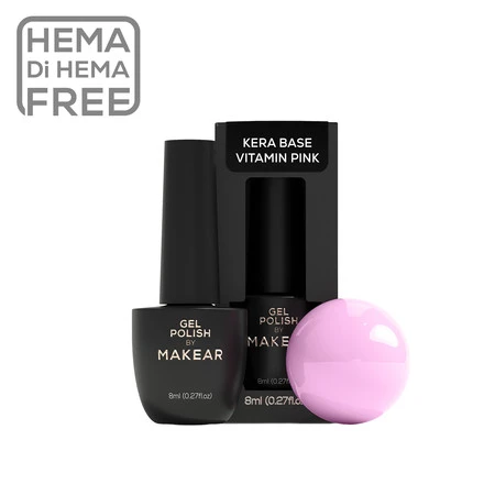 Makear gel nail polish bottles with a pink Kera Base Vitamin Pink cap and a pink spherical manicure tool on a white background (HEMA-free logo top-left).