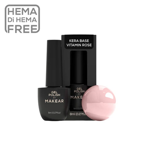 Nail polish set with two MAKEAR gel bottles and a pink gel ball; HEMA-FREE badge in corner.