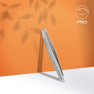 Professional stainless steel tweezers standing upright on a white surface against an orange gradient background, with a PRO logo in the corner.