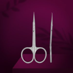 Pair of shiny surgical scissors with long pointed blades on a magenta background.