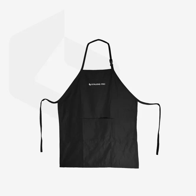 Black cooking apron with neck strap, long ties, and a front pocket featuring the Staleks Pro logo.