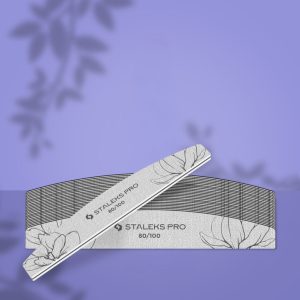 Two decorative nail files with floral patterns on a purple background, one laid flat and the other angled, branded STALEKS PRO 80/100.