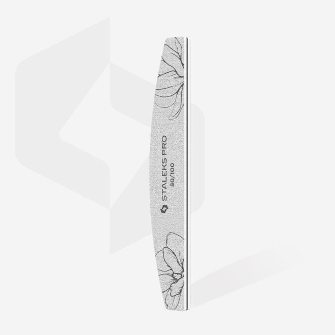 Nail file with a black floral pattern along the edge, standing upright; brand name and grit marking (100) visible.