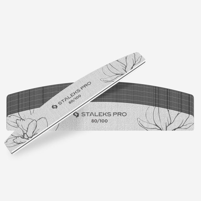 Two Staleks Pro nail buffers (80/100) stacked, showcasing floral design and textured sanding surface used for filing and smoothing nails.