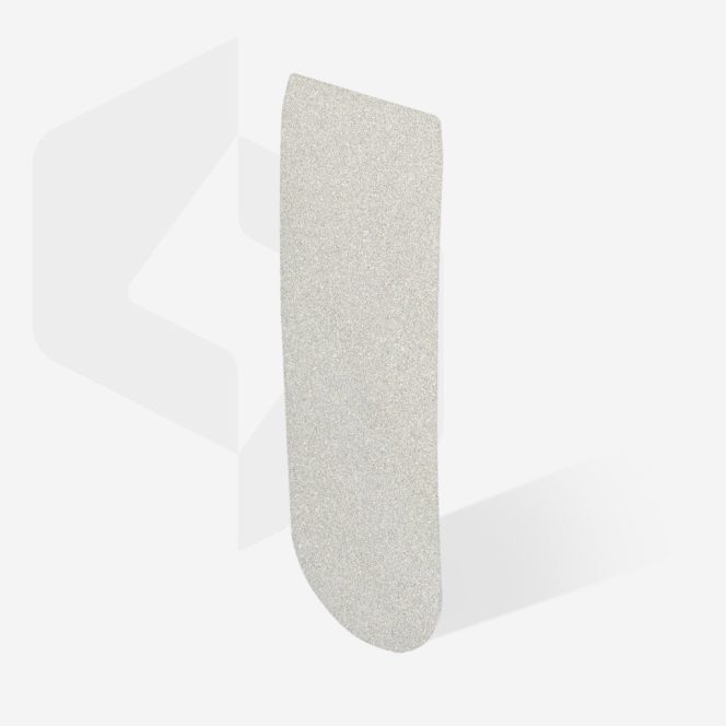 A light gray abrasive sanding file standing upright with a rounded bottom edge, casting a soft shadow.