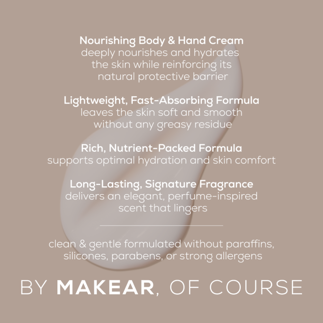 Beige ad for Nourishing Body & Hand Cream with a cream swatch; highlights benefits: lightweight formula, nutrient-packed hydration, long-lasting signature fragrance, and a clean formula free of paraffins, silicones, parabens, or strong allergens; brand Makear, of course.