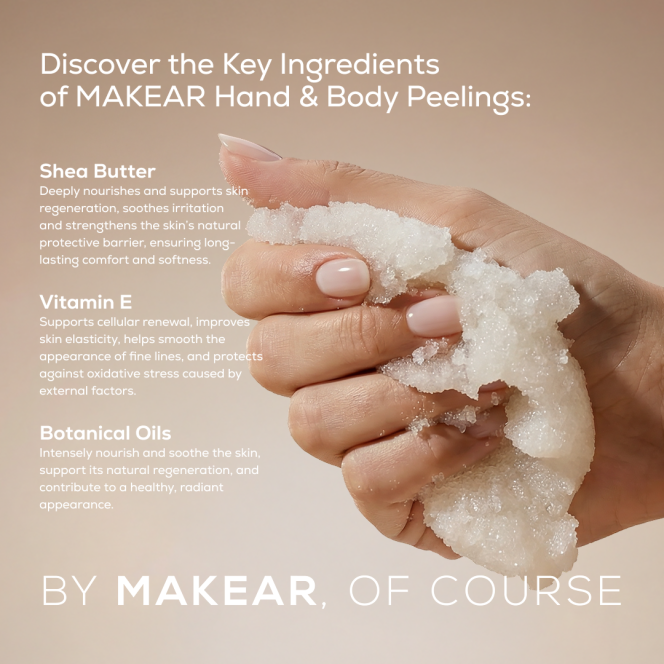 Close-up of a hand squeezing white exfoliating scrub, advertising MAKEAR Hand & Body Peelings with Shea Butter, Vitamin E, and Botanical Oils.