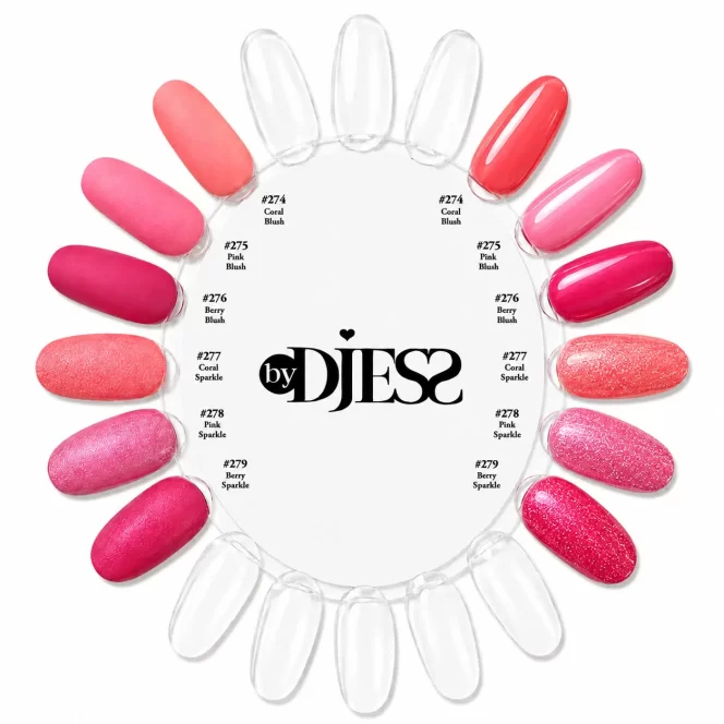 Circular display of DJES nail polish swatches arranged around a white center with the by DJES logo visible in the middle, spanning coral to pink shades around the wheel.