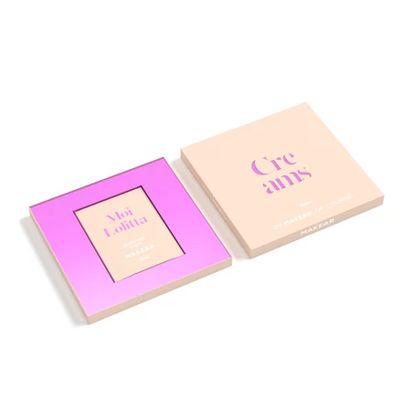 Two pastel makeup compact boxes on a white background—one lavender with a beige inner label, the other peach with purple lettering, angled side by side.