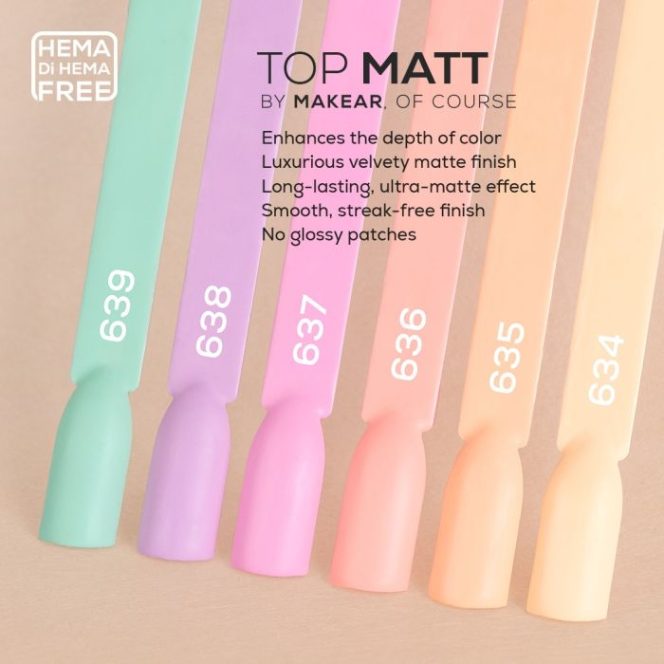Pastel matte lipstick swatches in a row, shade numbers 639–634, with Top Matt by Makear branding and a HEMA-free label.